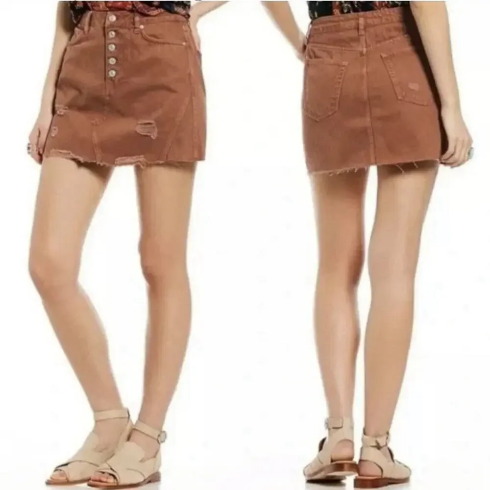 We The Free People Womens Denim Skirt Size 27 Brown Button Front Boho Coastal